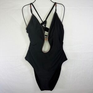 Shade & Shore Swimsuit Womens XL Black Cut Out Wood Bead Crochet Monokini